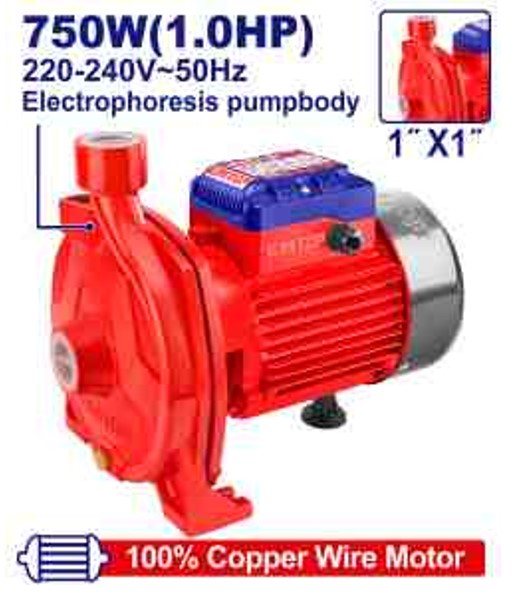 750W 1.0HP Centrifugal Water Pump 30m Head 110L/min Flow 8m Suction 1"x1" Ports Copper Motor Stainless Impeller Carton Box